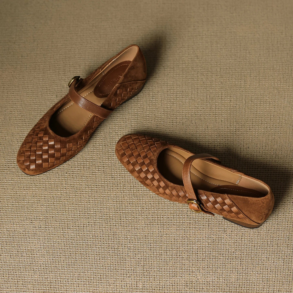 Woven Suede-Look Square Toe Buckle Strap Mary Jane Flats