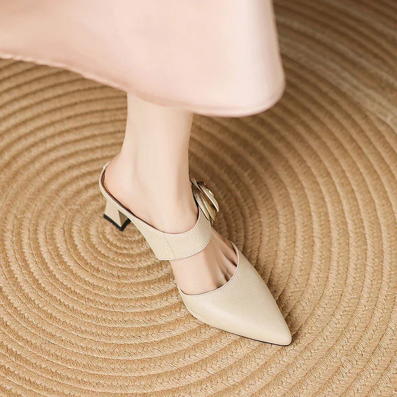 Pointed Toe Flower Buckle Block Heel Mules