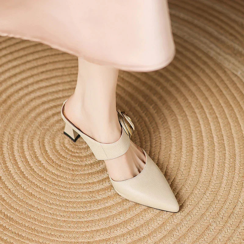 Pointed Toe Floral Buckle Spool Heel Mules