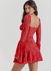 Self-Tie Lace Long Sleeve Dress - Vibrant Red - View 4
