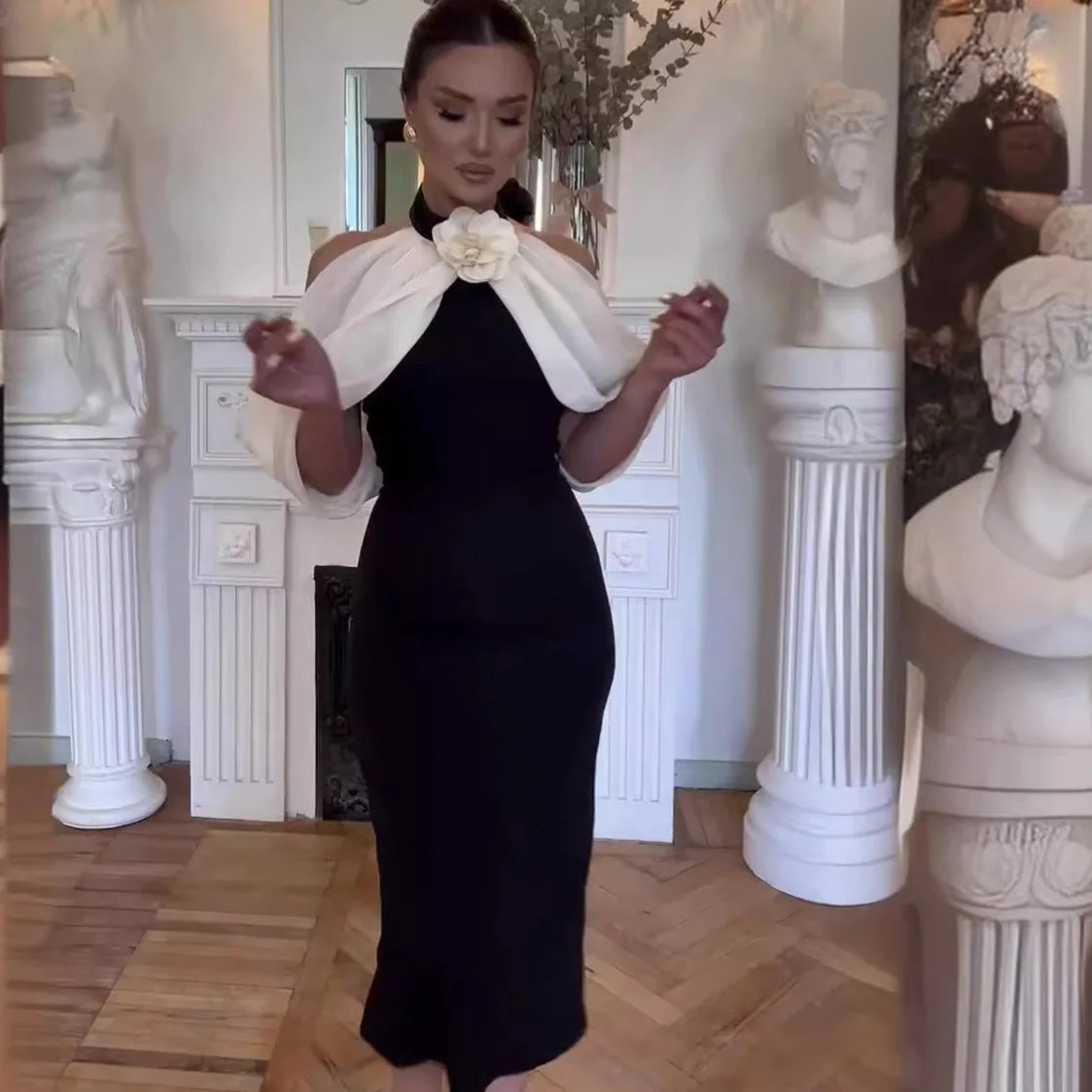 Black Color Women Sexy Off the Shoulder Florals Bodycon Mid-Calf Dress Birthday Party Celebrate Homecoming Dress Wholesale