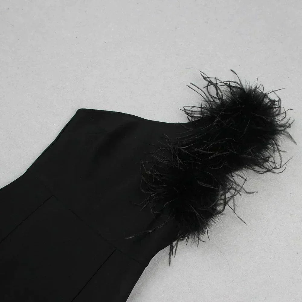 One Shoulder Feather Trim Bodycon Mermaid Maxi Gown 9
