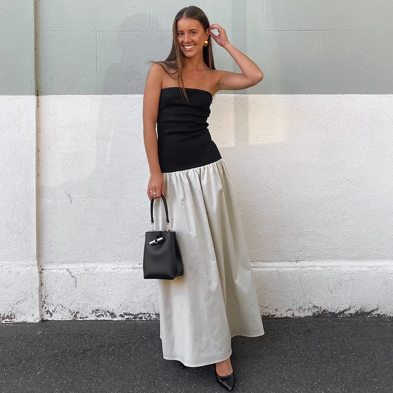Strapless Colorblock Drop Waist Tube Maxi Dress 13