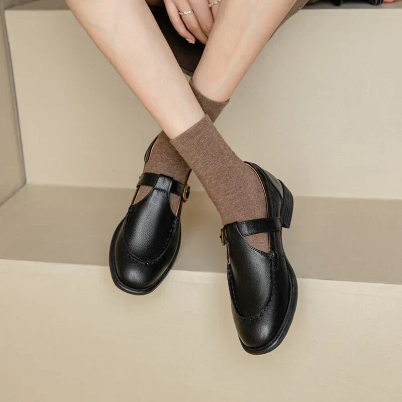 Round Toe T-Strap Buckle Mary Jane Flats