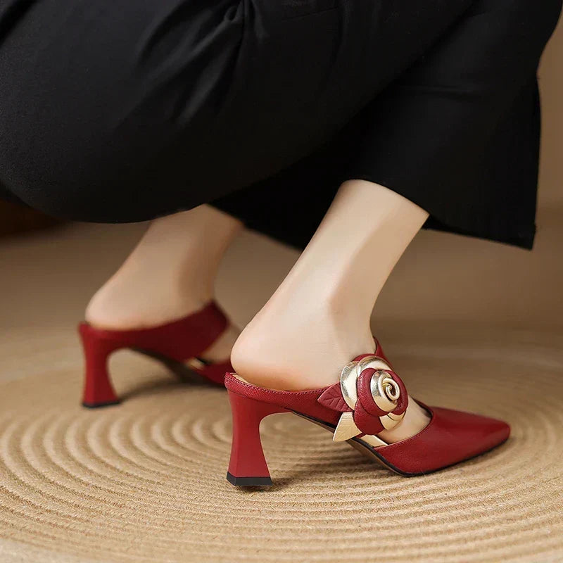 Pointed Toe Flower Buckle Block Heel Mules
