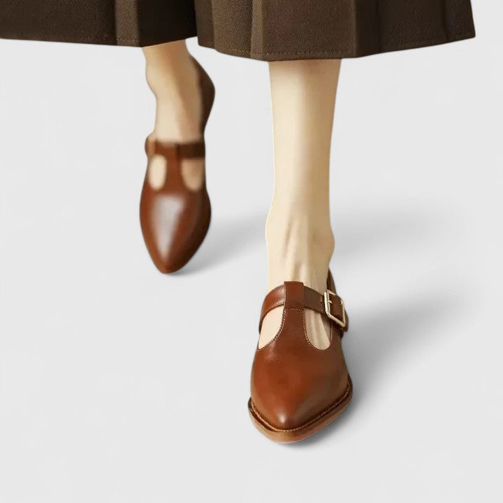 Pointed Toe T-Strap Buckle Flats