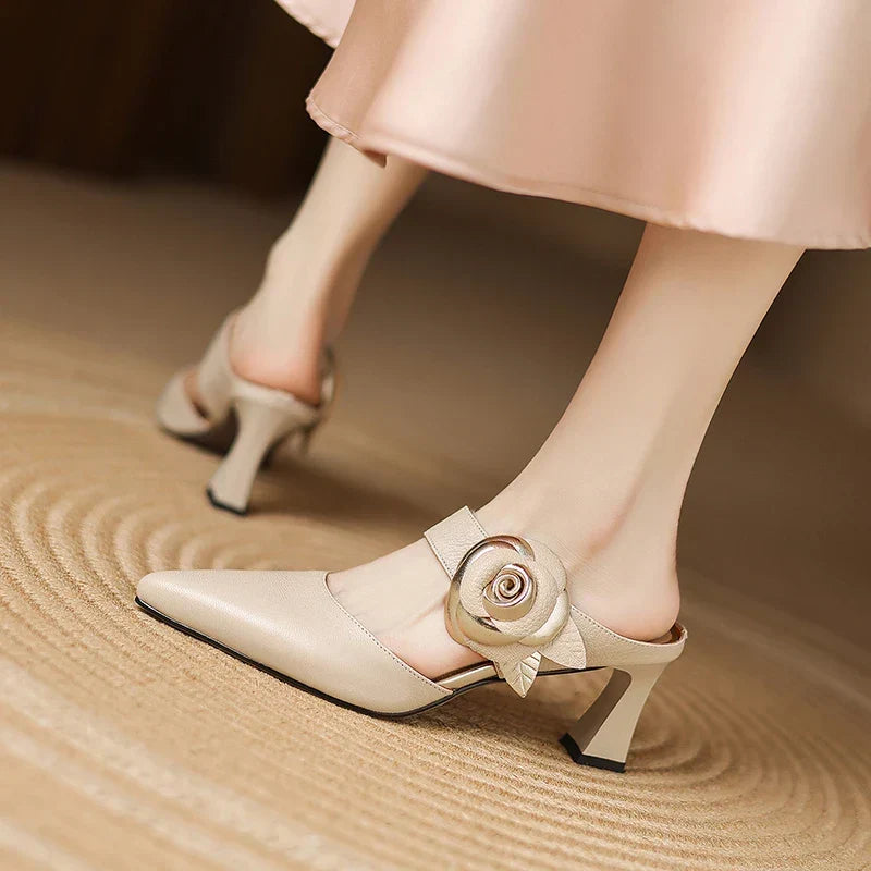 Pointed Toe Floral Buckle Spool Heel Mules