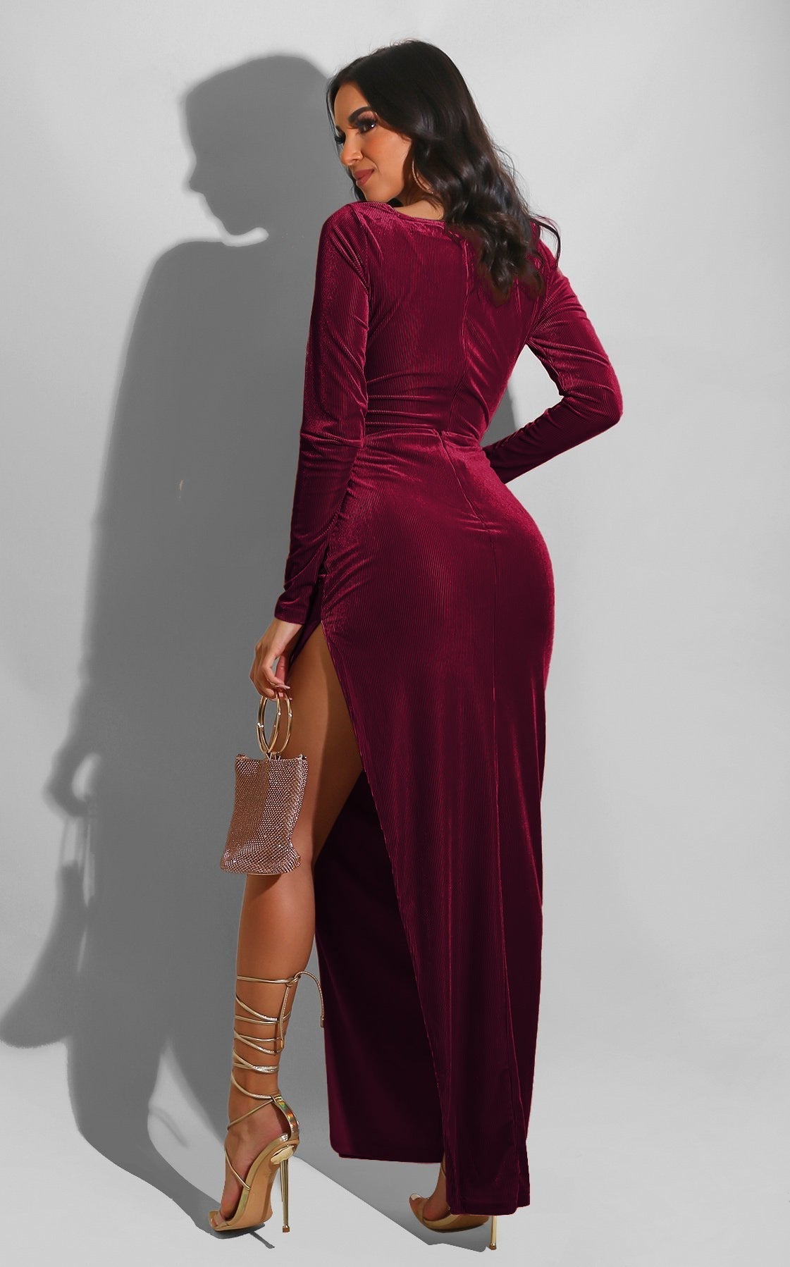 Refined Velvet High Waist Slit Maxi Dress Long Sleeve Evening Party Dress