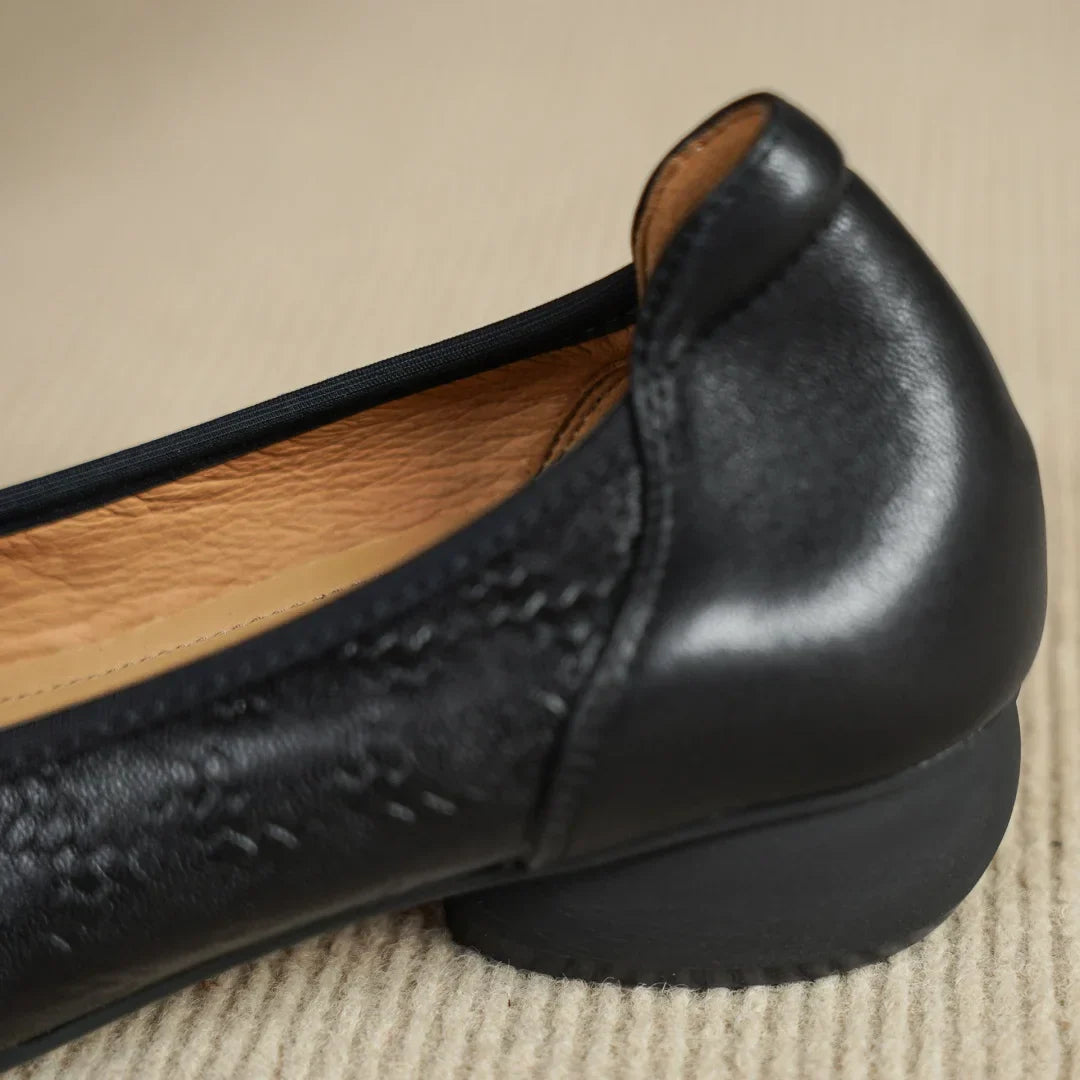 Textured Buckle Detail Low Block Heel Ballet Flats