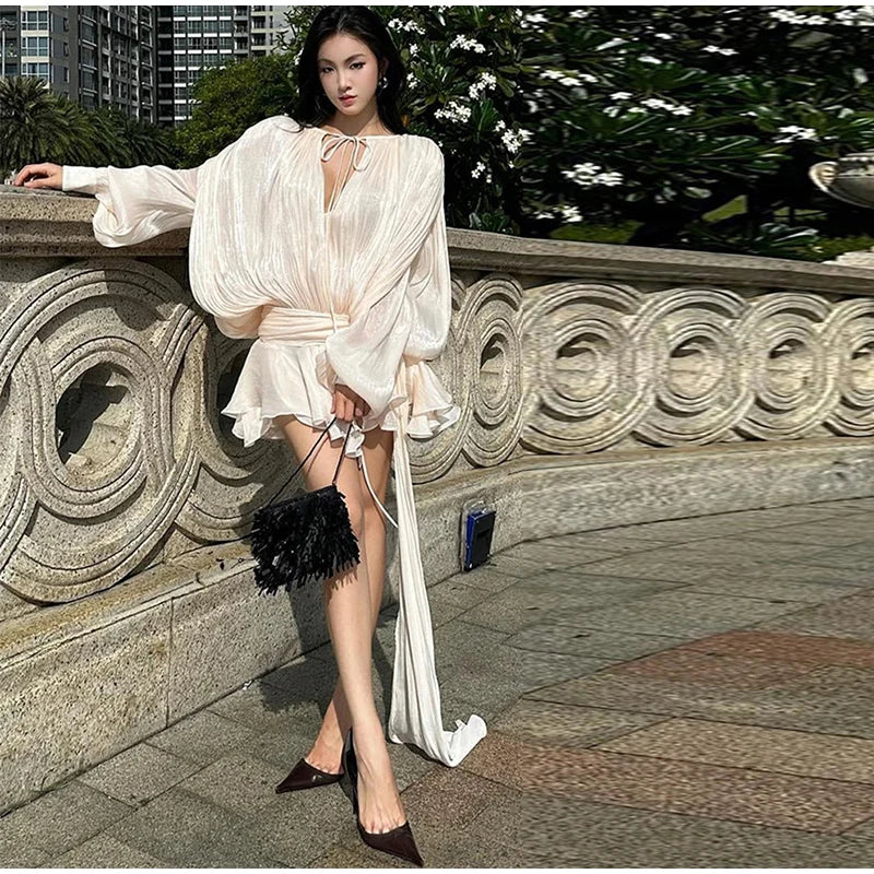 Pleated Chiffon Tie Neck Lantern Sleeve Sash Waist Ruffle Mini Dress 20