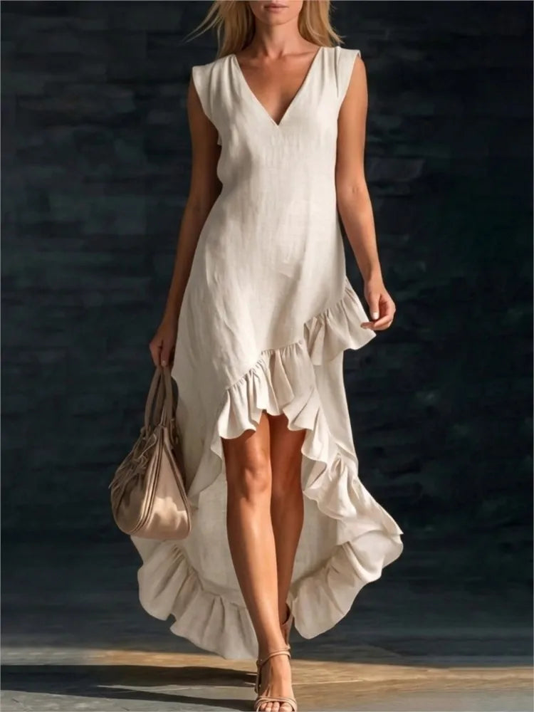 V-Neck Sleeveless Ruffle Hem High Low Maxi Dress