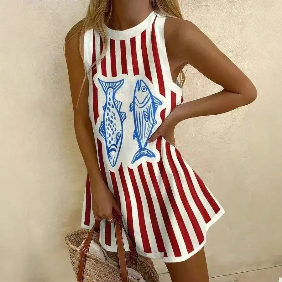 Striped Fish Print Sleeveless Mini Dress