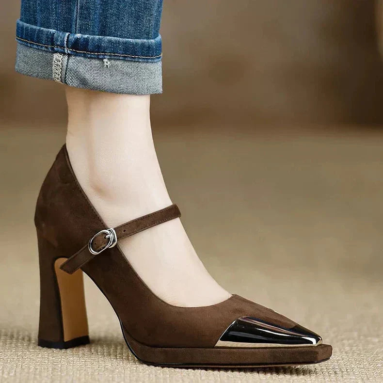 Pointed Toe Metal Cap Ankle Strap Block Heel Pumps