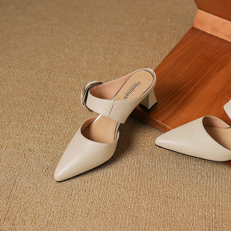 Pointed Toe Floral Buckle Spool Heel Mules