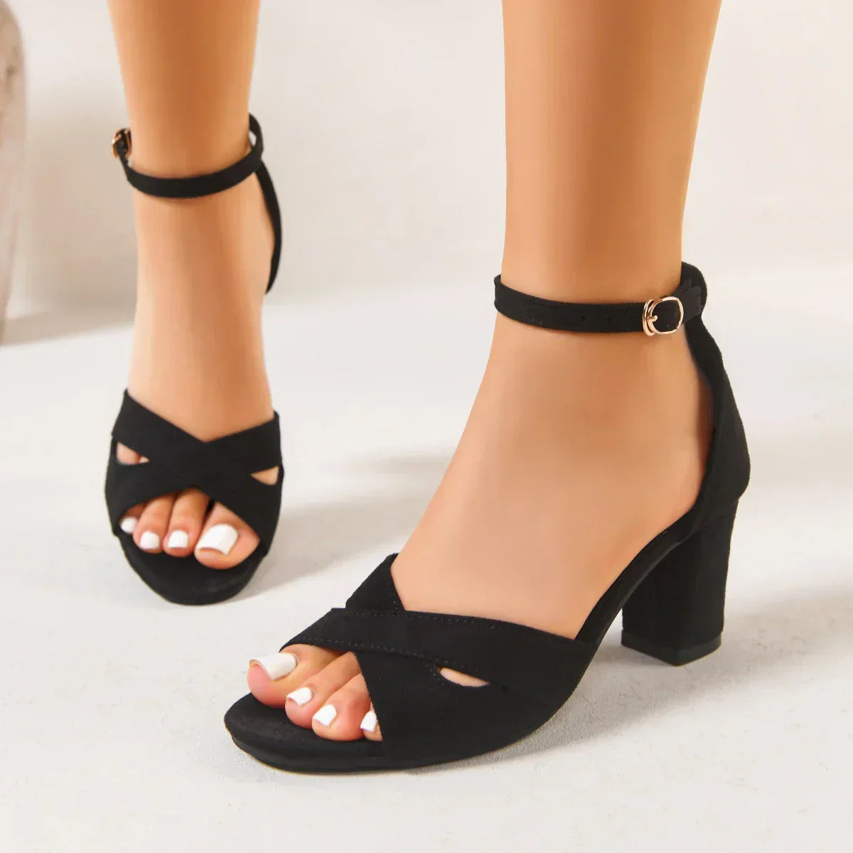 Open Toe Cross Strap Ankle Strap Block Heel Sandals