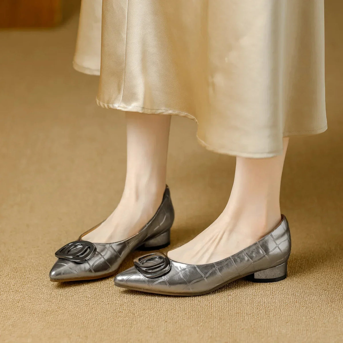 Pointed Toe Buckle Low Block Heel Pumps