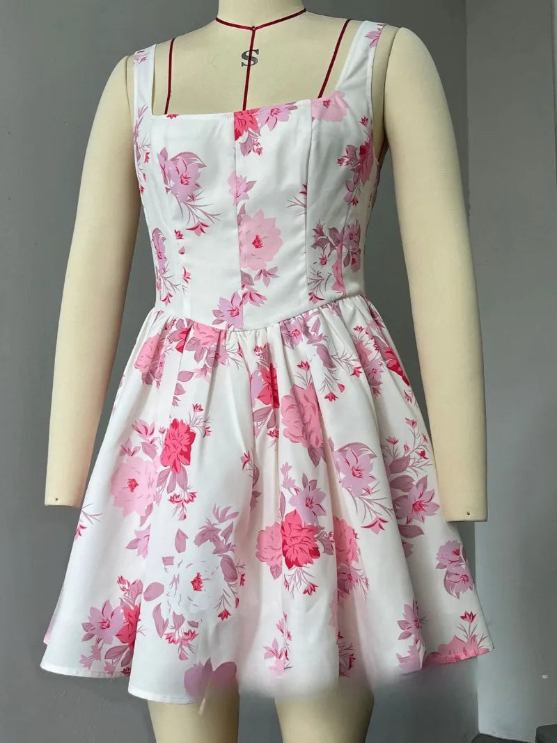 Floral Print Square Neck Corset Fit and Flare Skater Mini Dress