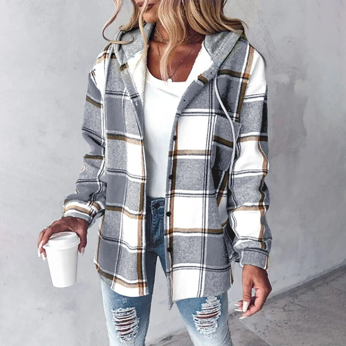 Plaid Hooded Button Front Brushed Shirt Jacket