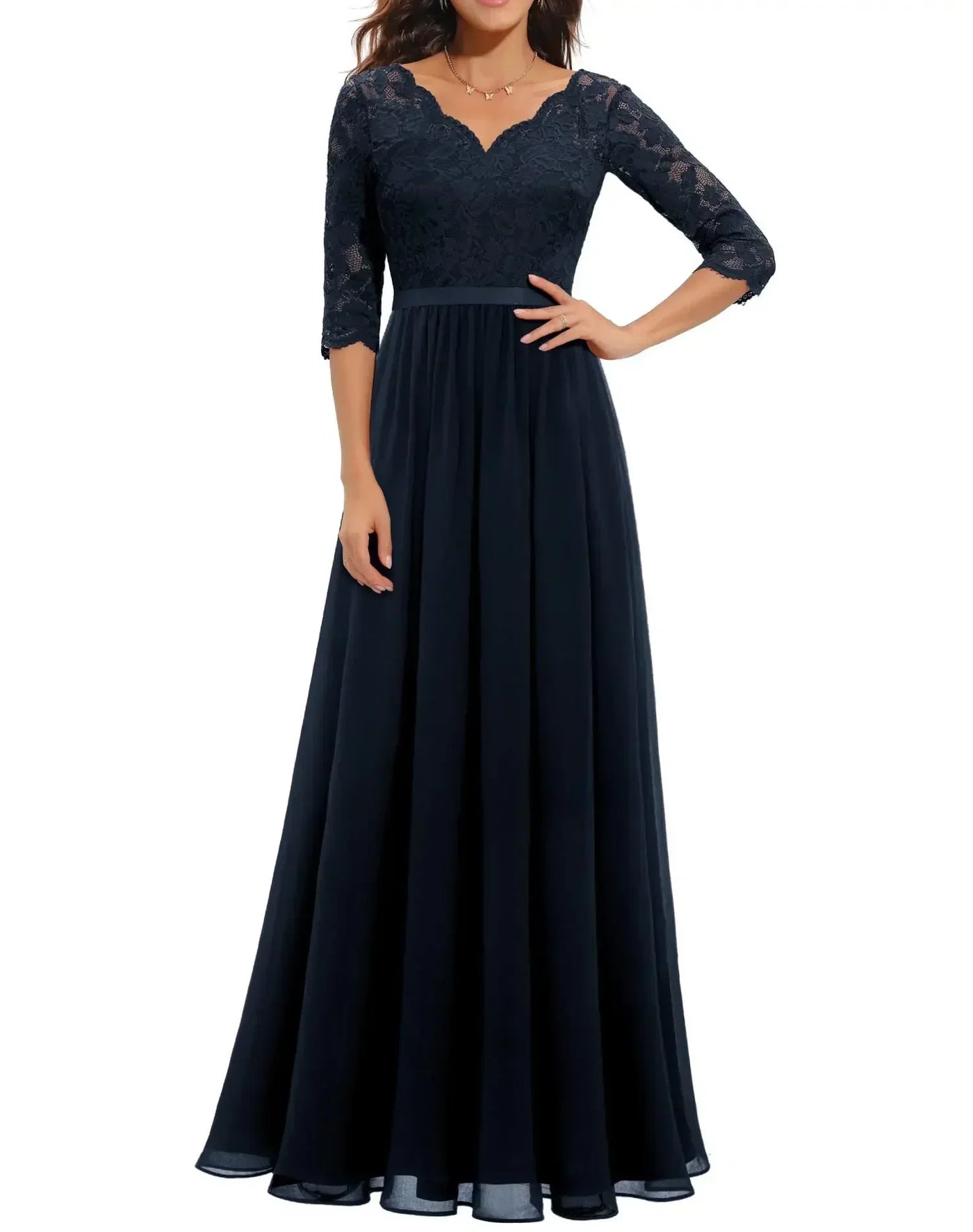 Lace V-Neck Chiffon A-Line Maxi Dress 8