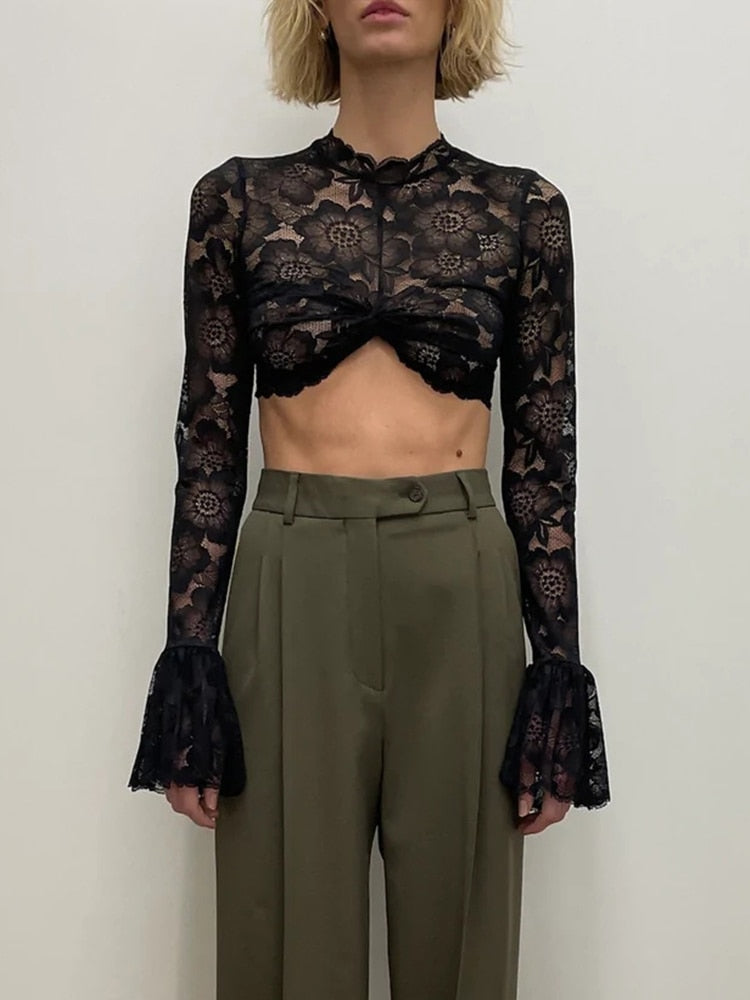 Floral Lace Mock Neck Flare Long Sleeve Twist Front Sheer Crop Top
