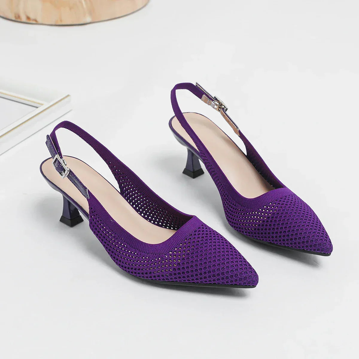 Pointed Toe Slingback Mesh Kitten Heel Pumps