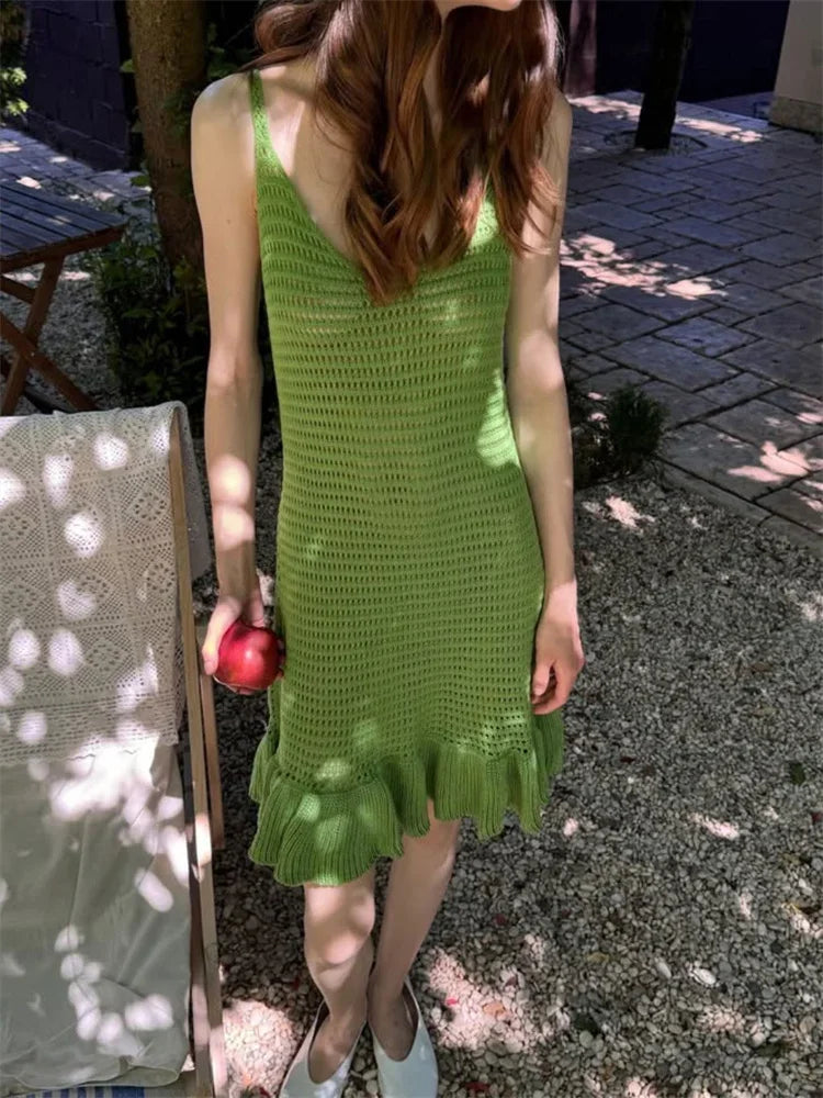 Knit Ruffle Hollow SeeThrough Mini Dress
