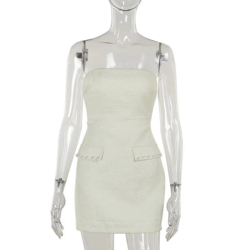 Tweed Faux Pearl Trim Cropped Jacket and Strapless Mini Dress Two Piece Set 8