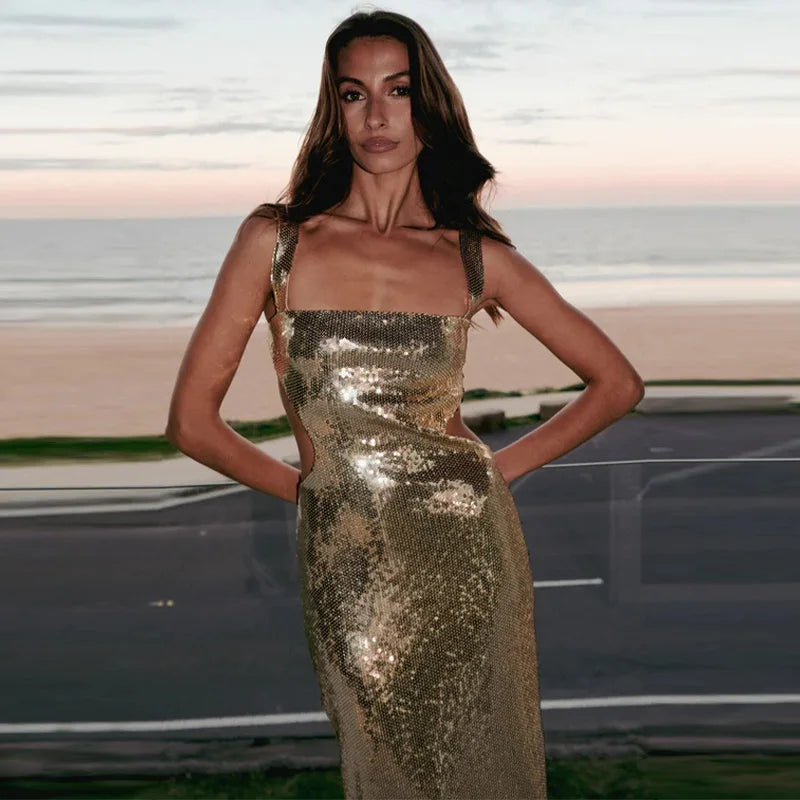 Hollow Edition Out Sleeveless Maxi Party Dress
