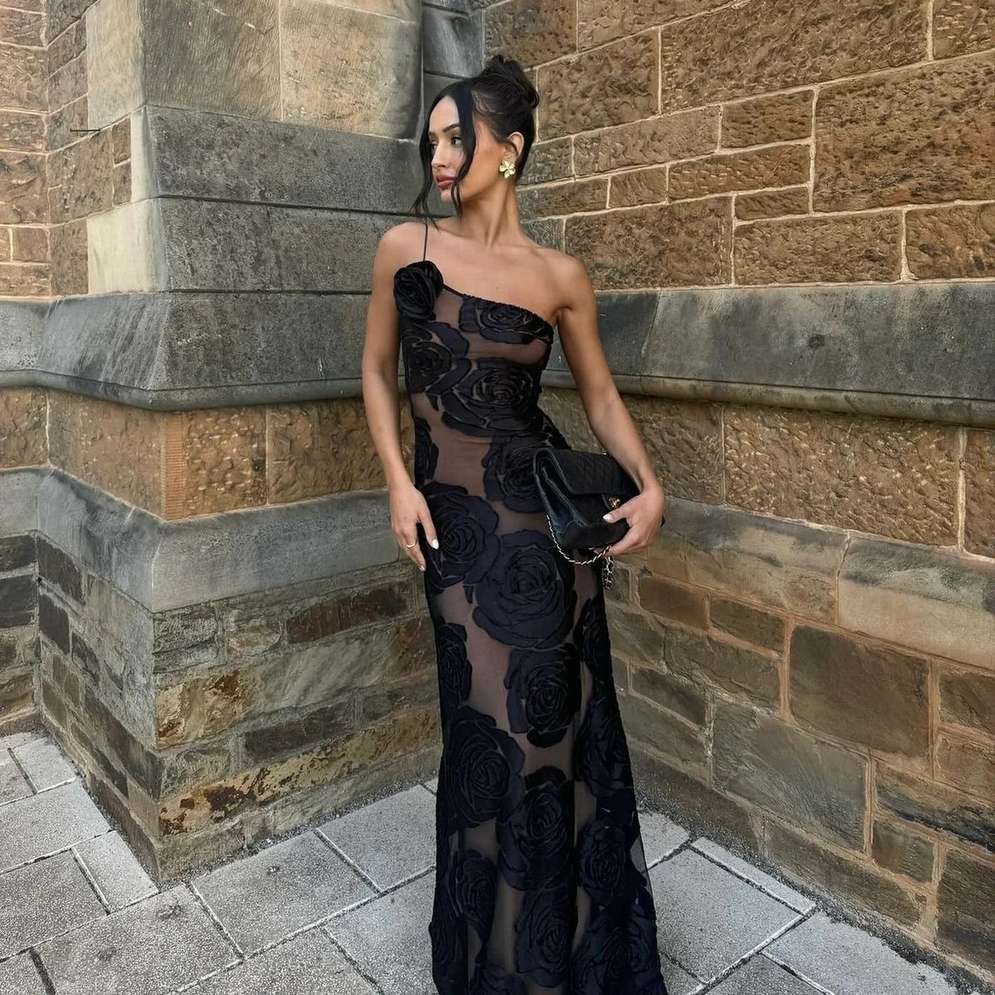One Shoulder Mesh Flower Floral Dress 2