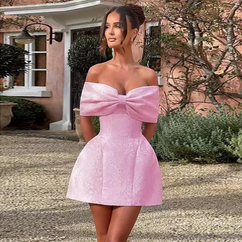 Bow Off Shoulder Backless A - line Jacquard Party Dress