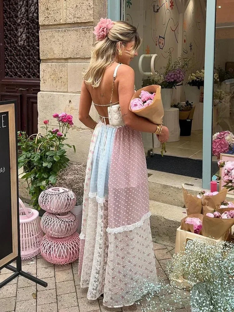 Floral Patchwork Lace Panel Tie Front Spaghetti Strap Tiered Maxi Dress 2