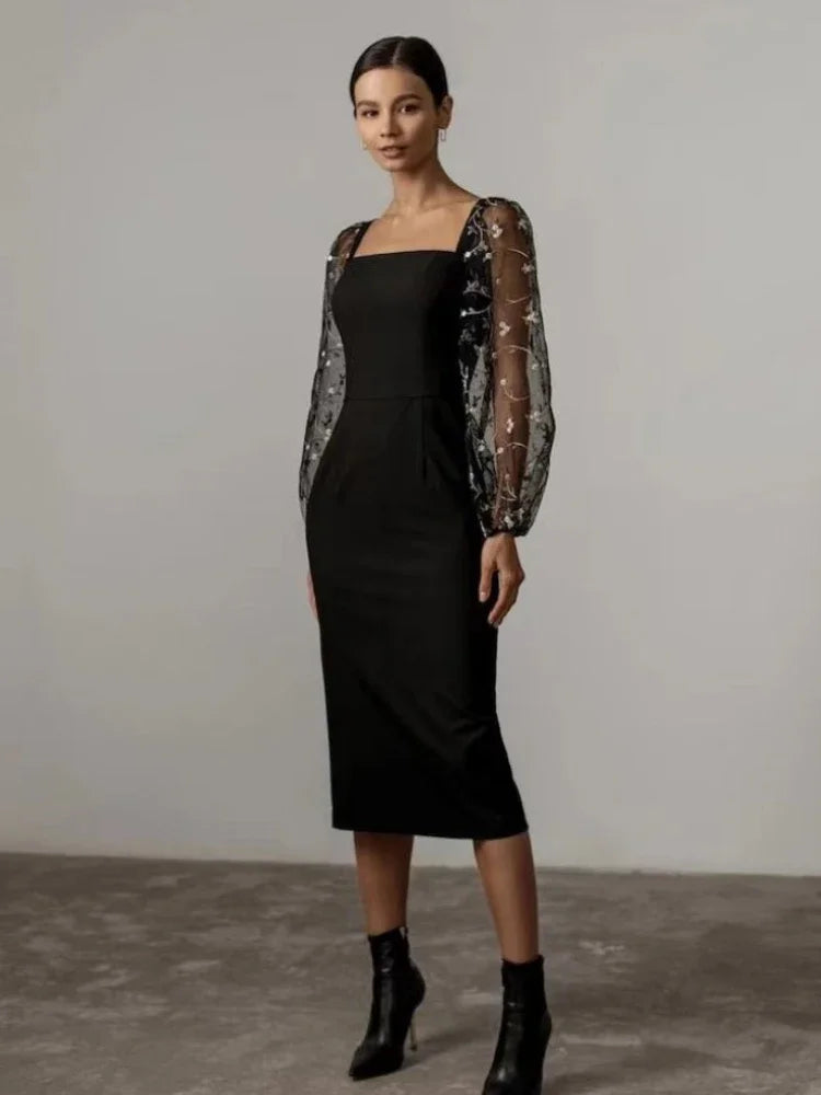 Aurora Aesthetic Evening and Party Dress with Square Neckline and Long Sleeves Statement Occasion Edit