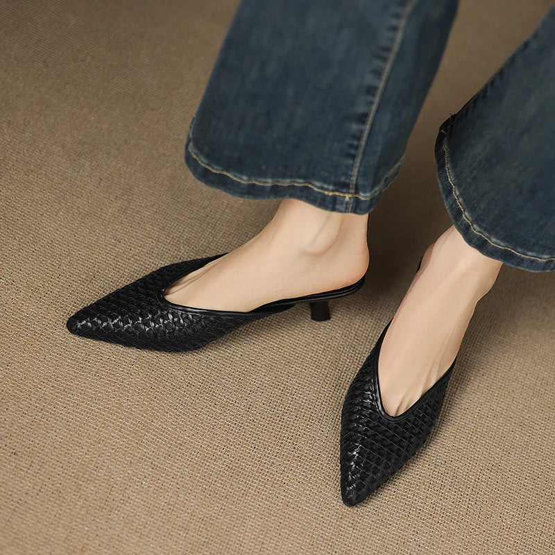 Pointed Toe Woven Kitten Heel Mules