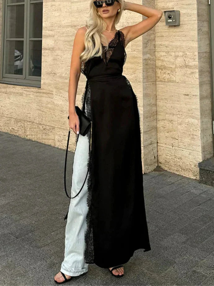 Lace Trim V-Neck Sleeveless High Split Slip Maxi Dress