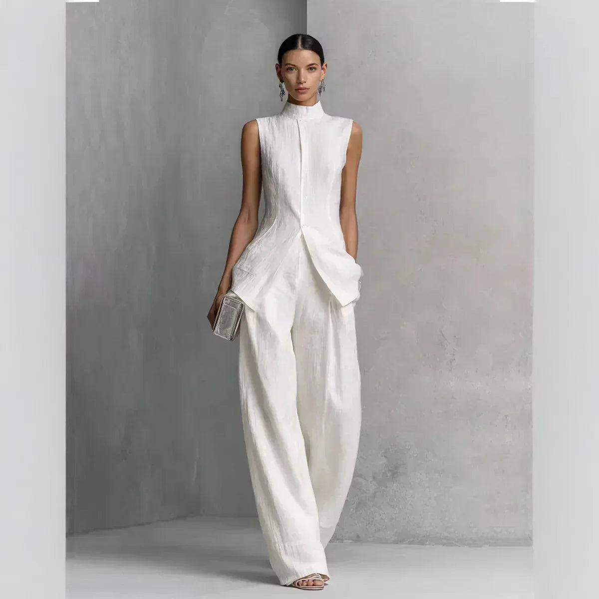 Sleeveless Mock Neck Top and Wide Leg Pants Two Piece Set