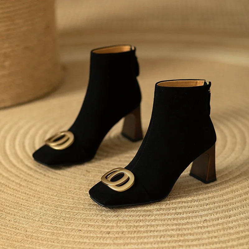 Suede Look Square Toe Metal Buckle Block Heel Ankle Boots