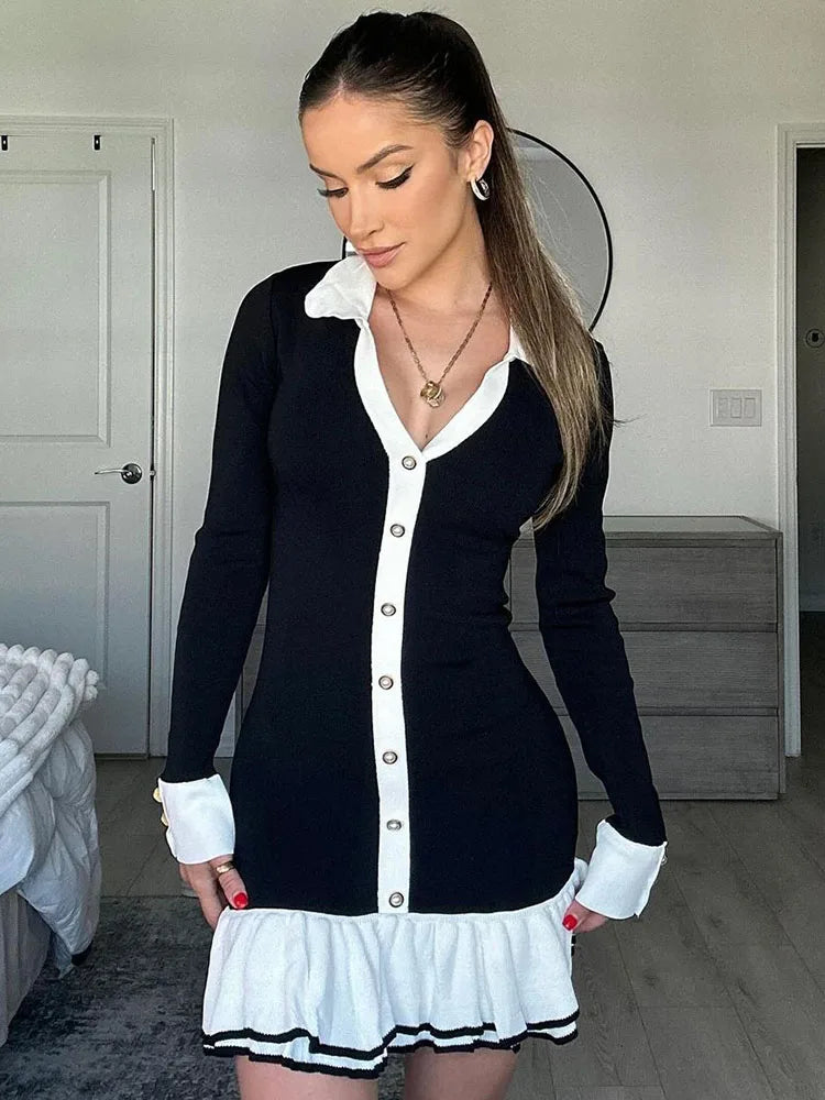 Contrast Collar Button Front Long Sleeve Ruffle Hem Knit Mini Dress 14