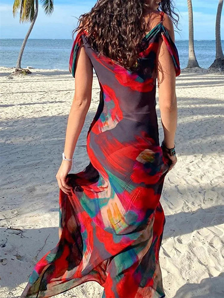 Print Mesh Pleated Off Shoulder Maxi Dress 3