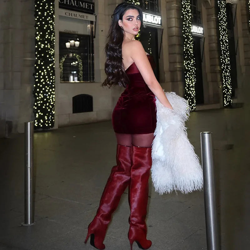 Velvet Strapless Fold Over Neckline Bodycon Mini Dress 4