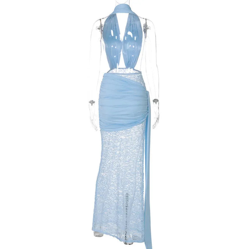 Halter Neck Deep V-Neck Draped Waist Lace Skirt Maxi Gown 23