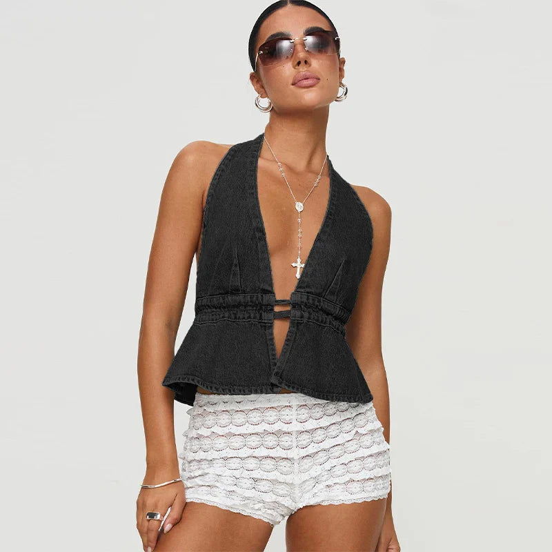 Denim Deep V-neck Backless Halter Lace-up Cami Top