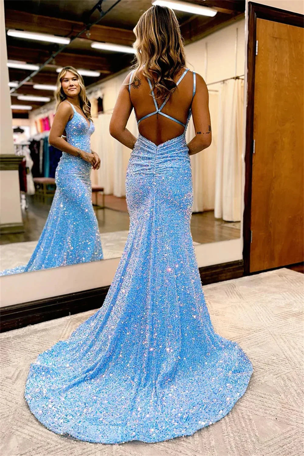 Sequin Backless Strapless Maxi Party Dress