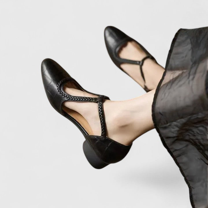Pointed Toe T-Strap Braided Low Heel Pumps