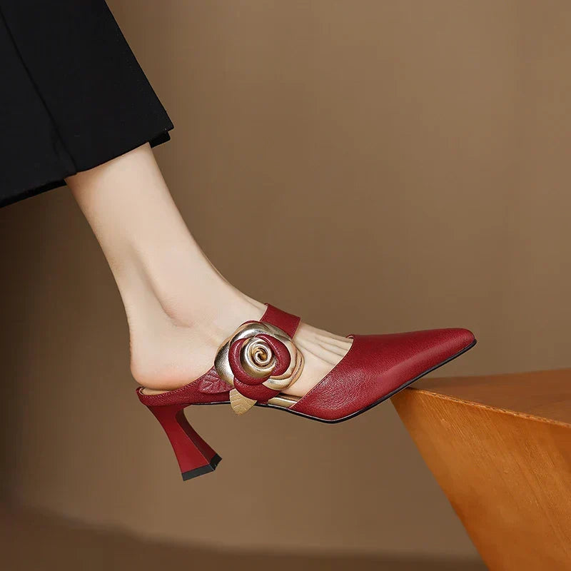 Pointed Toe Flower Buckle Block Heel Mules