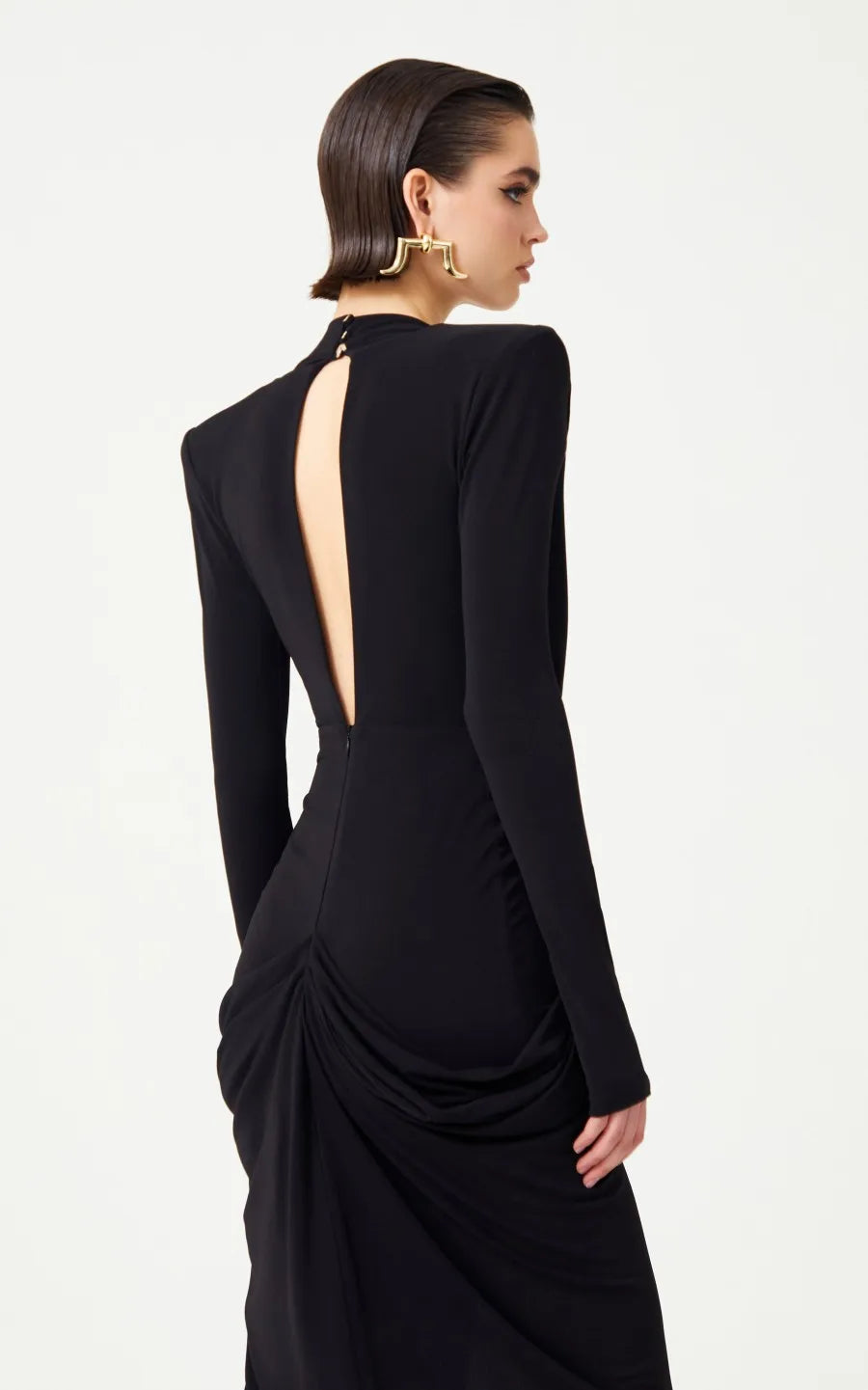 Deep V Neck Long Sleeves Black Maxi Dress Party Gown