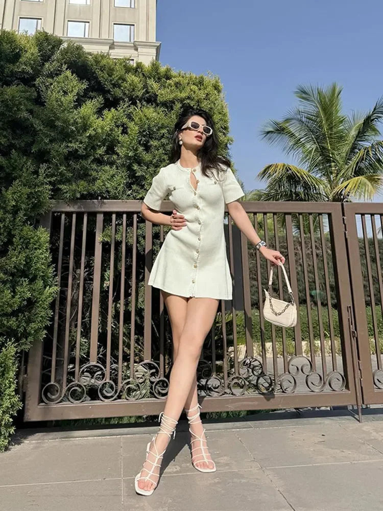 Knitted Dress for Women Streetwear Vintage Fashion Dresses Solid Slim Button Short Sleeve Mini Spring Summer Dress