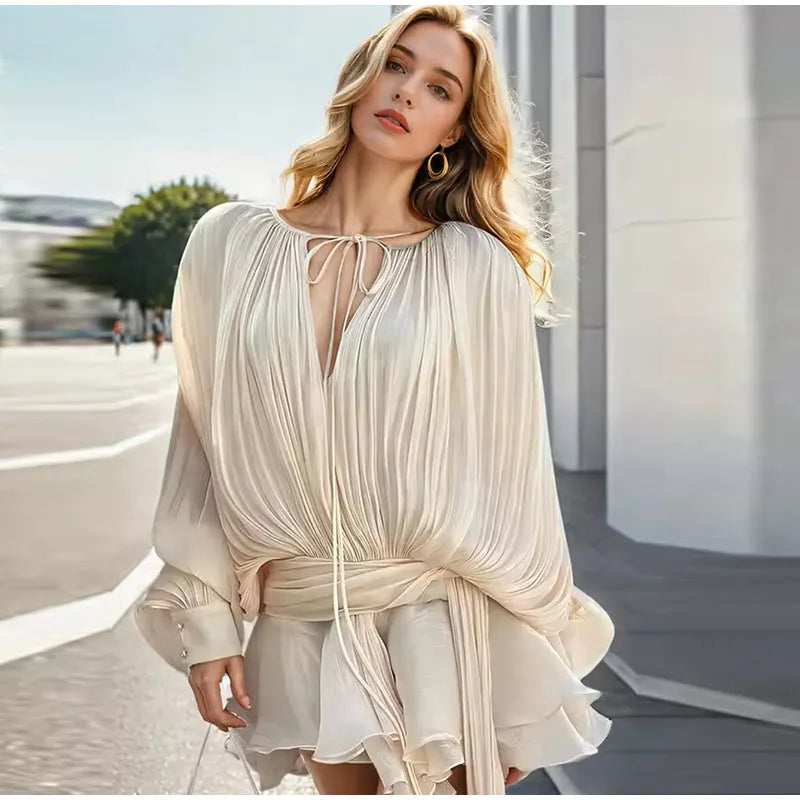 Pleated Chiffon Tie Neck Lantern Sleeve Sash Waist Ruffle Mini Dress 15