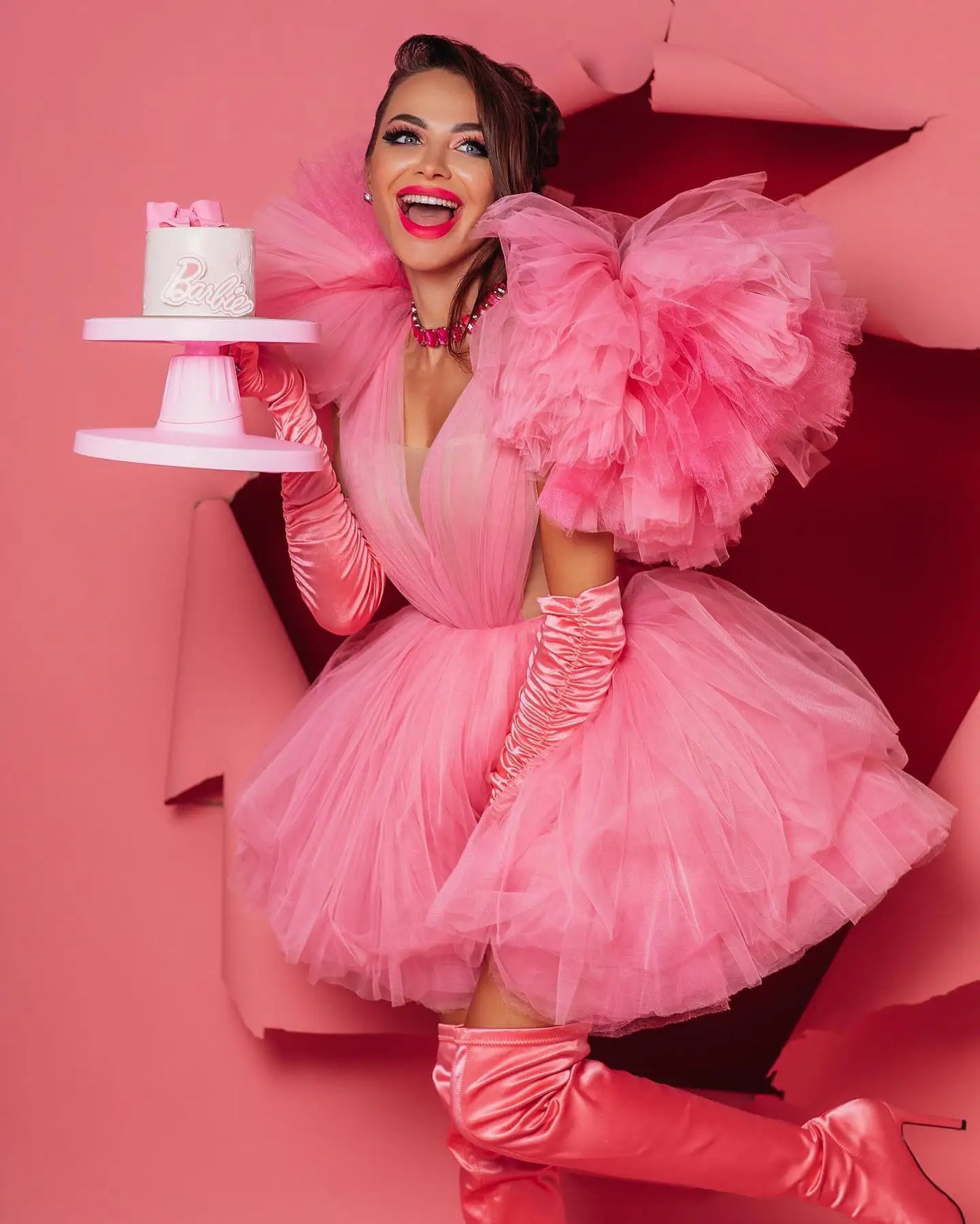 Pink Tulle Ruffled A-Line Party Dress 3