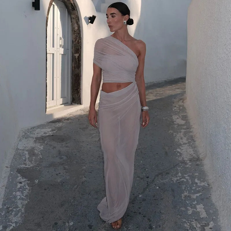 One Shoulder Ruched Mesh Cut Out High Split Maxi Dress 13