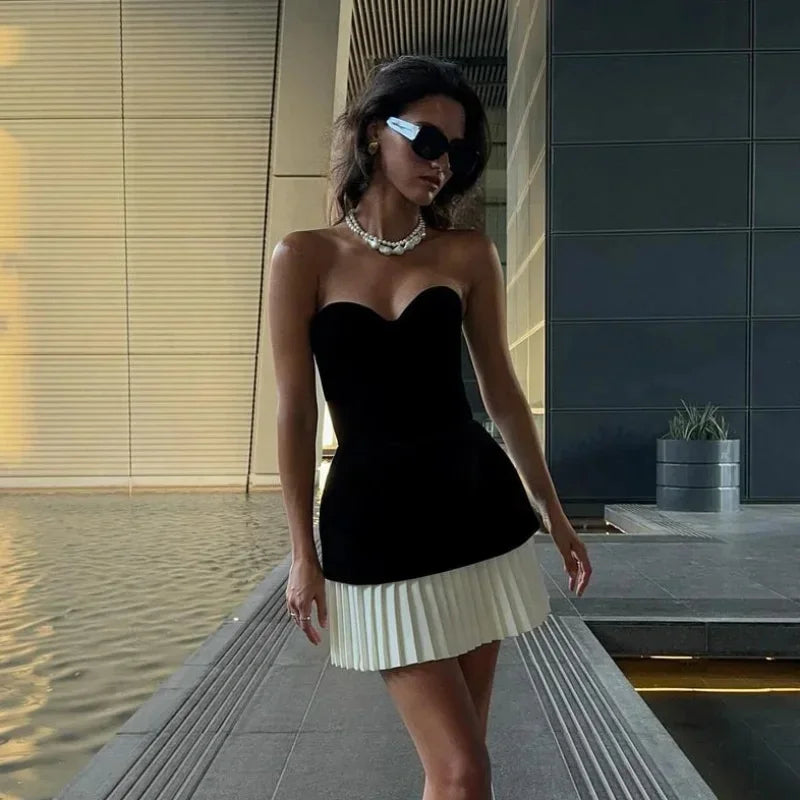 Velvet Strapless Sweetheart Peplum Pleated Mini Dress
